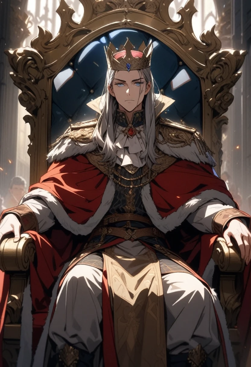 A magnificent king sitting on the throne, European,detailed face,25years old