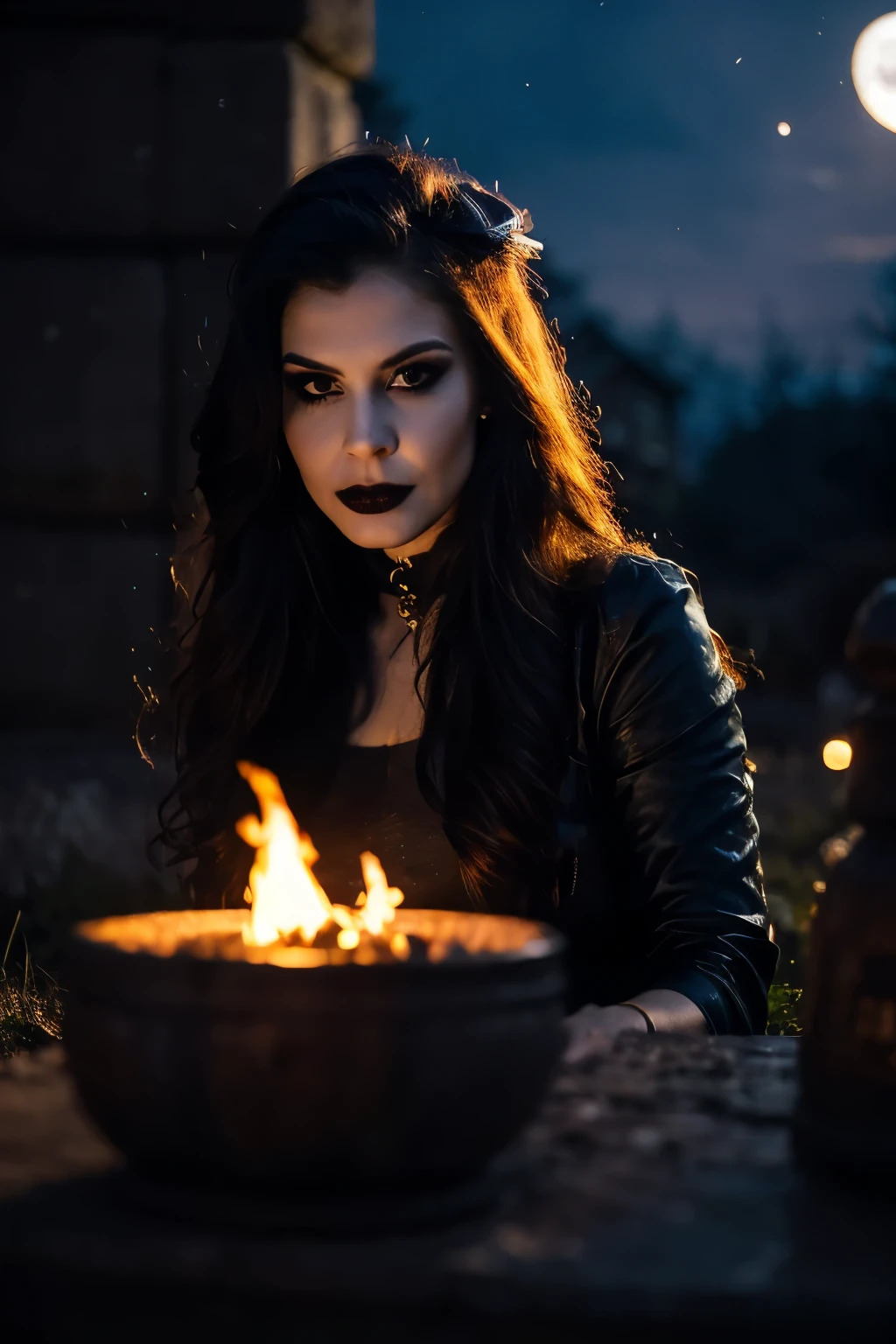 Generate a hyper-realistic image that employs the shallow depth of field technique, Head and sholders portrait to highlight a pretty goth girl wearing a gothic costume, at ((night in a creepy cemitery ) setting, (((under the moonlight))). The girl should be the focal point, with crisp clarity, while the background of the cemitery should be gently blurred to create a bokeh effect. (((Flames In the foreground))) should be visible but blurred, adding depth to the composition.", adding depth to the composition. Sony Alpha A7R III, macros lens , f/5.6. ((Cinematic Lighting)) .