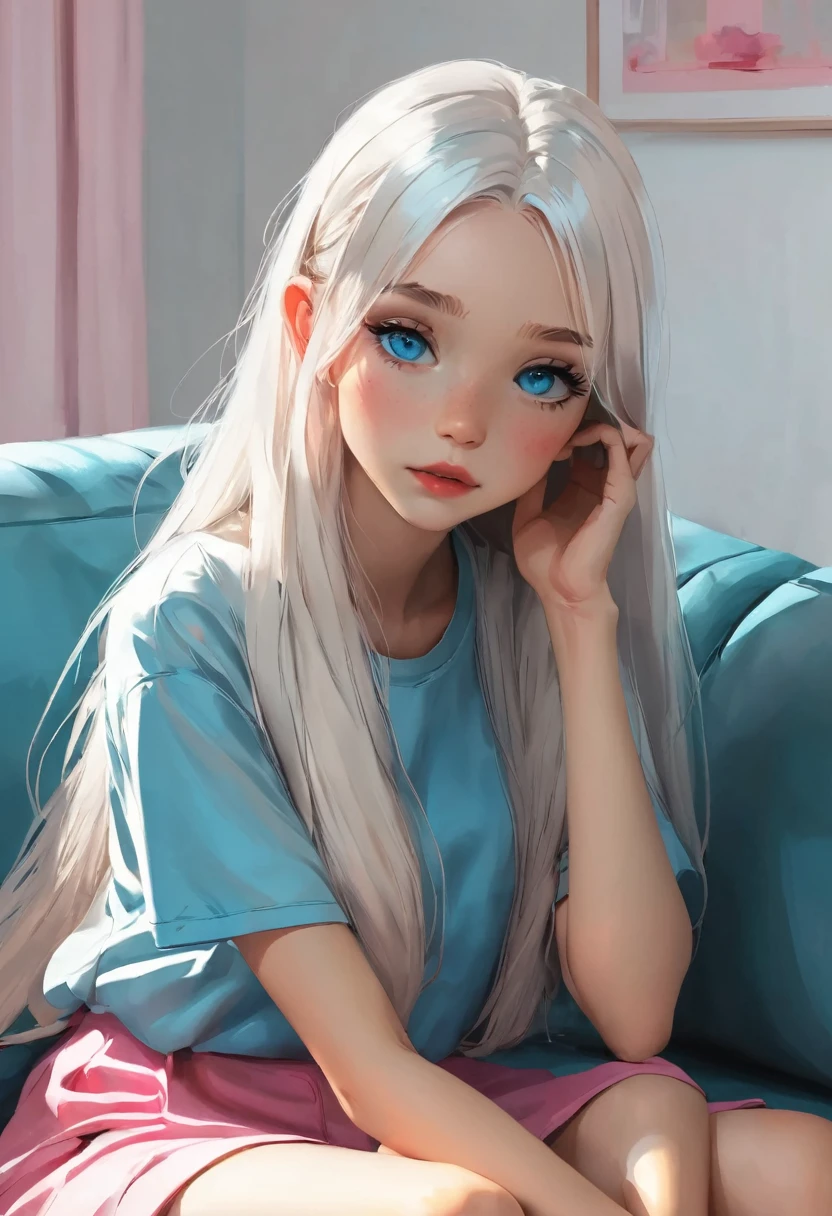 1 girl, long white hair, bright blue eyes, clear skin, pink streets, small lips, Human, small. HOUSE FUND, sitting on the sofa, looking at the viewer