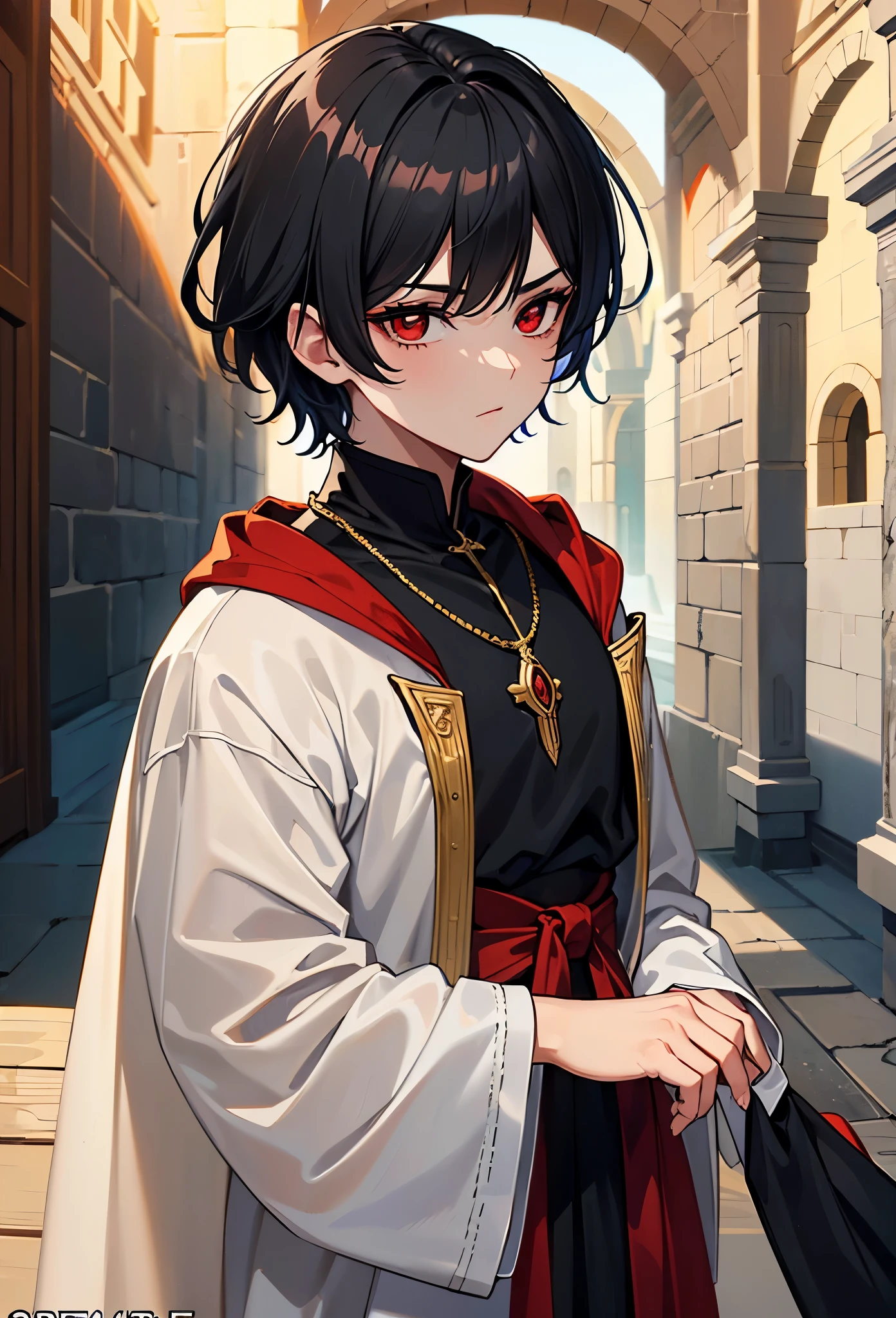 (Obra-prima, melhor qualidade: 1.2),(mage),alone, 1boy, masculino, black short hair , red eyes , medieval clothes , looking at the viewer