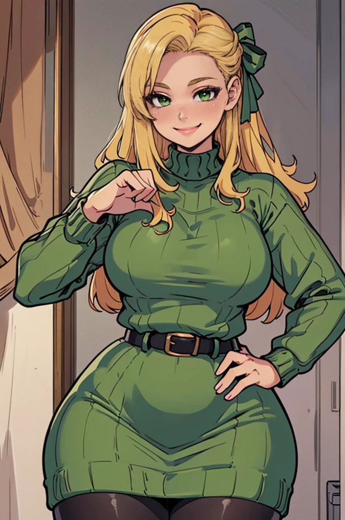 ((art by Kipteitei)), ((Masterpiece, best quality, perfect lighting, amazing shading)), (perfect anatomy, realistic proportions), field of depth, extremely beautiful, detailed face, ultra cute face, cute, long blonde hair, hair ribbons, green eyes, sweater dress, pantyhose, cute smile, (curvy), [belt], blushing, (elegant pose), bedroom background, detailed background