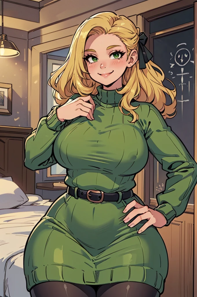 ((art by Kipteitei)), ((Masterpiece, best quality, perfect lighting, amazing shading)), (perfect anatomy, realistic proportions), field of depth, extremely beautiful, detailed face, ultra cute face, cute, long blonde hair, hair ribbons, green eyes, sweater dress, pantyhose, cute smile, (curvy), [belt], blushing, (elegant pose), bedroom background, detailed background