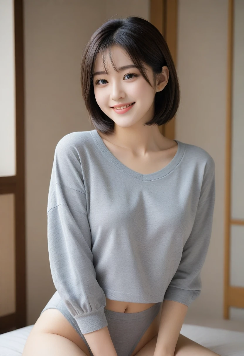 8K, Ultra-high resolution, Highest quality, masterpiece, 三分割法によるphotograph,Surreal, photograph, 1 Girl, (:1.3), pretty girl, Cute face, Beautiful eyes in every detail, 細かくdetailedに,masterpiece,, One Girl:1.2, Japan Female Announcer,whole body,Teenage Girlaring only a grey cropped shirt with sleeves and flesh-coloured thong panties, Functional, With a sleepy look and a half-smile,,detailedな顔と目, Beautiful lip detail, 非常にdetailedな目と顔, Long eyelashes, Portraiture, 非常にdetailedな, Warm lighting, Soft Focus, Cinematic,Functionalな,A carefree smile,Heal the heart,Black Hair,Short Bob,Looking at the audience、beauty,Long neck、Laugh a little、Please close your mouth and laugh、(((Ideal body type))),A cup small breasts :2,、Portraiture:2、Perfect Anatomy、鮮明なdetailed、detailed、Surreal、Light and shadow,Strong light