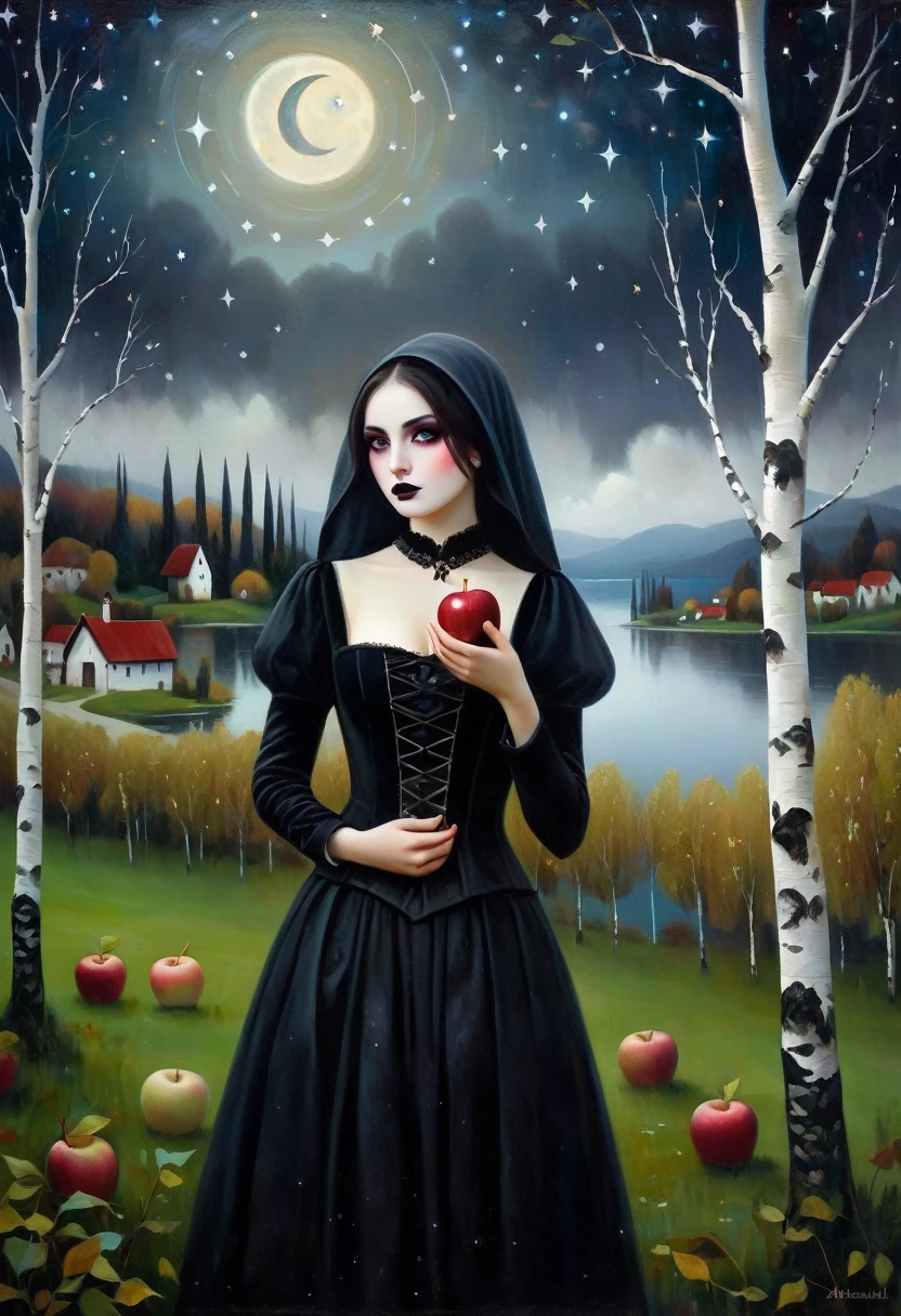 (Cute young attractive girl, Strong Gothic Makeup) a village by the lake and a white birch forest and an apple orchard, a starry night, ((Mariotto Albertinelli style!!!)), Gloomy foggy atmosphere, surrealism, The absurdity of cuteness, attractiveness and rejection of extraordinary appearance, magic naive art, primitivism, protogen, , ((best quality, Masterpiece)), ((Highest detail)), RAW:1,1, 8k