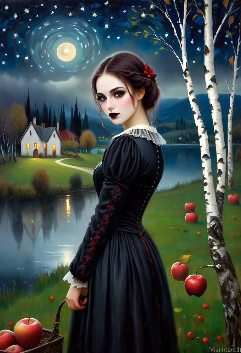 (Cute young attractive girl, Strong Gothic Makeup) a village by the lake and a white birch forest and an apple orchard, a starry night, ((Mariotto Albertinelli style!!!)), Gloomy foggy atmosphere, surrealism, The absurdity of cuteness, attractiveness and rejection of extraordinary appearance, magic naive art, primitivism, protogen, , ((best quality, Masterpiece)), ((Highest detail)), RAW:1,1, 8k