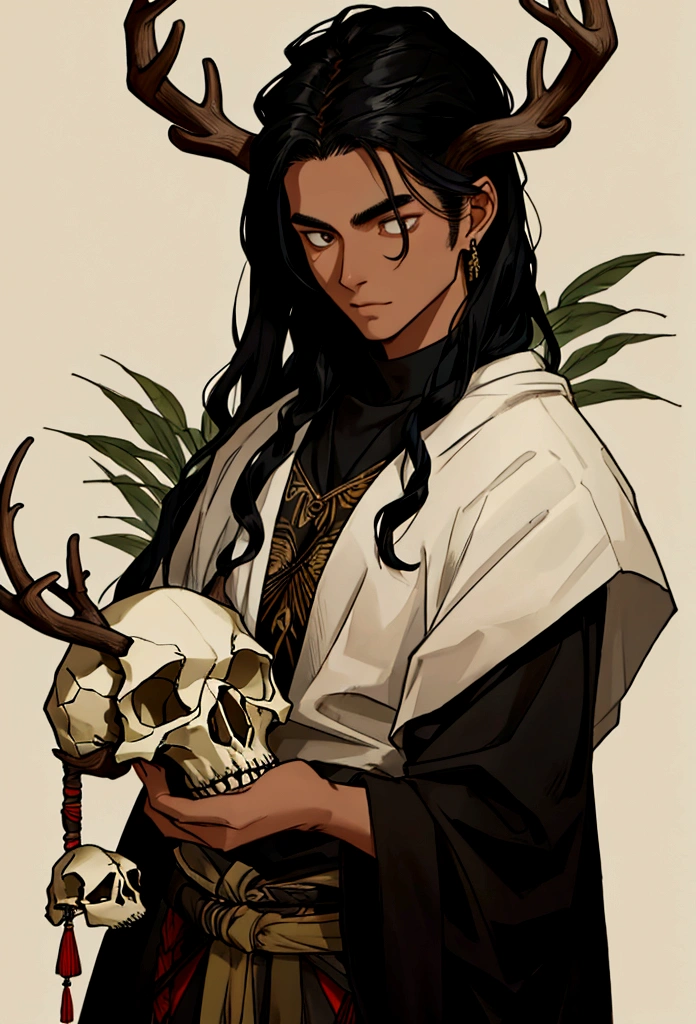 a black haired trible man with a deer skull over his head