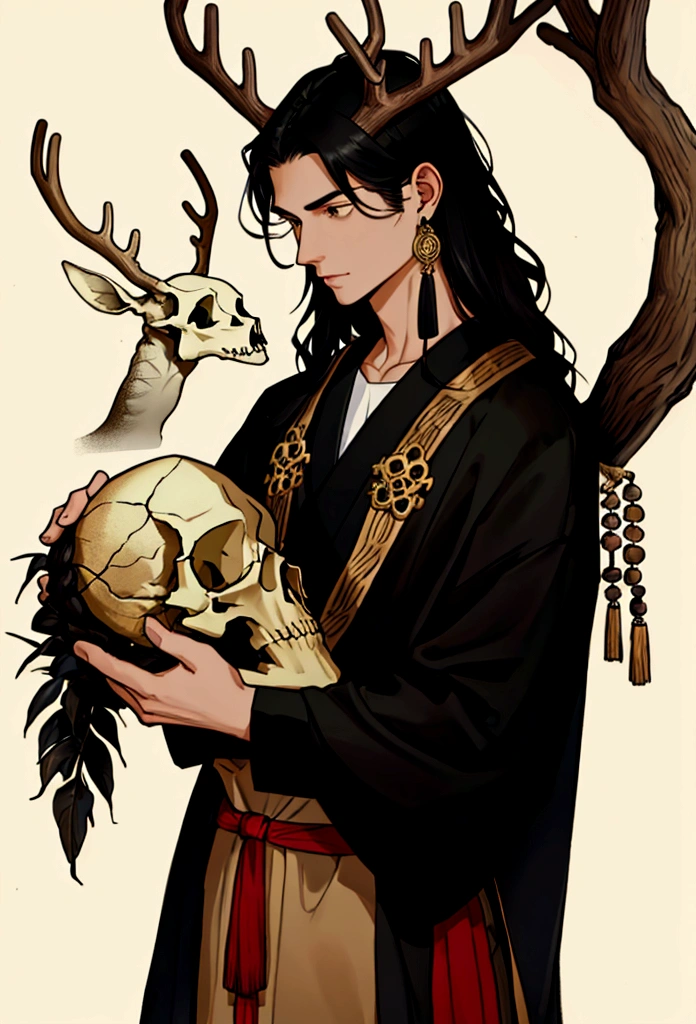 a black haired trible man with a deer skull over his head