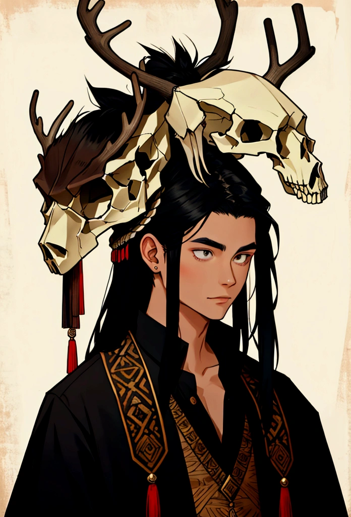 a black haired trible man with a deer skull over his head