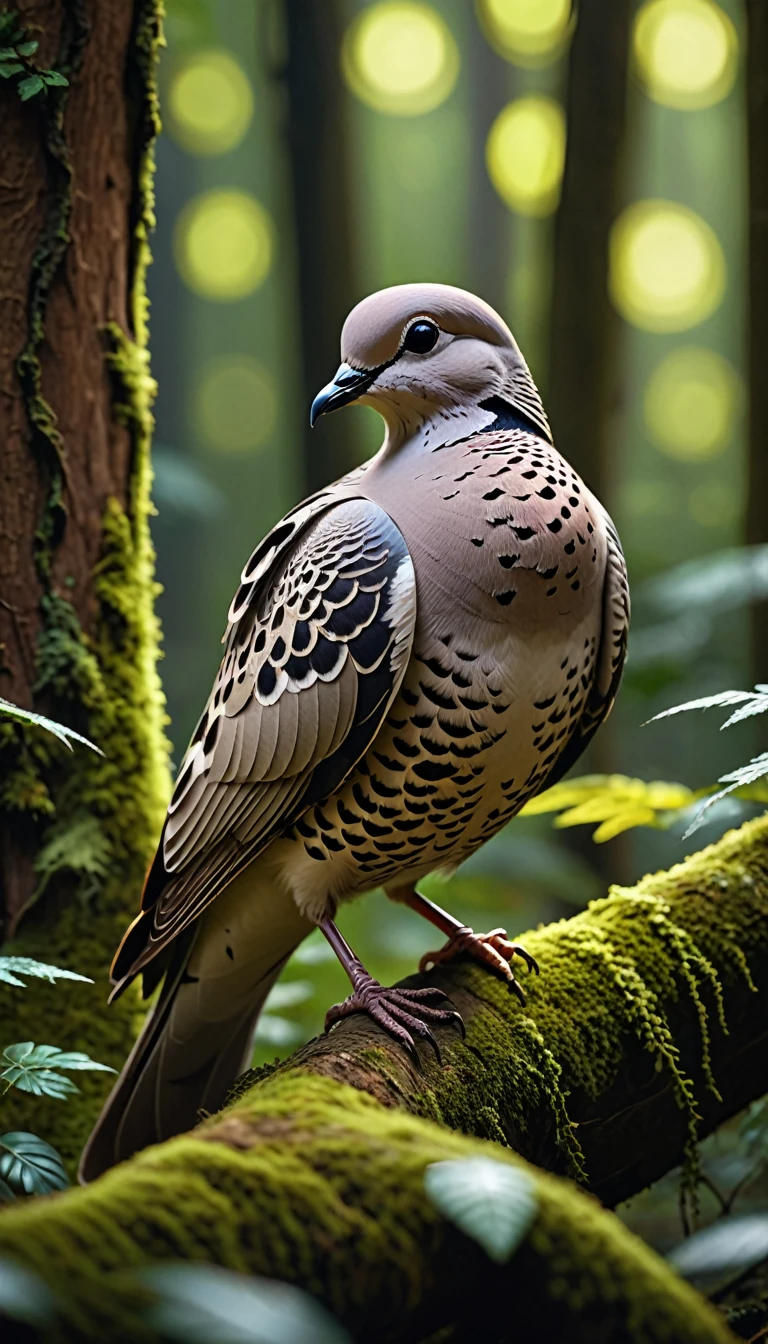 Mysterious creatures in the woods, There is a kind of bird，Looks like a turtledove(best quality, 4K, 8K, High-rise, masterpiece: 1.2), Ultrafine, (Practical, photo Practical, photo Practical: 1.37), Detailed Animals, complex pattern, Dramatic Lighting, Fantasy Creatures