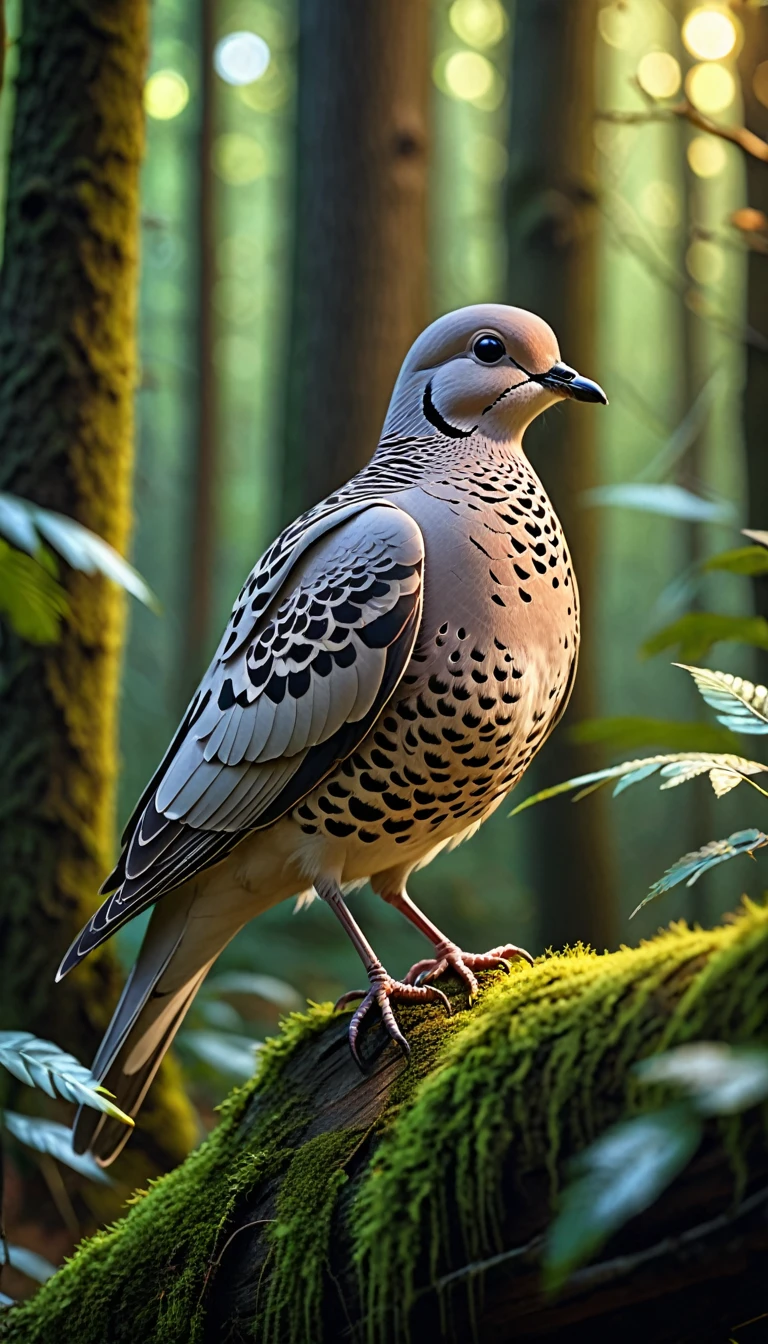 Mysterious creatures in the woods, There is a kind of bird,Looks like a turtledove(best quality, 4K, 8K, High-rise, masterpiece: 1.2), Ultrafine, (Practical, photo Practical, photo Practical: 1.37), Detailed Animals, complex pattern, Dramatic Lighting, Fantasy Creatures