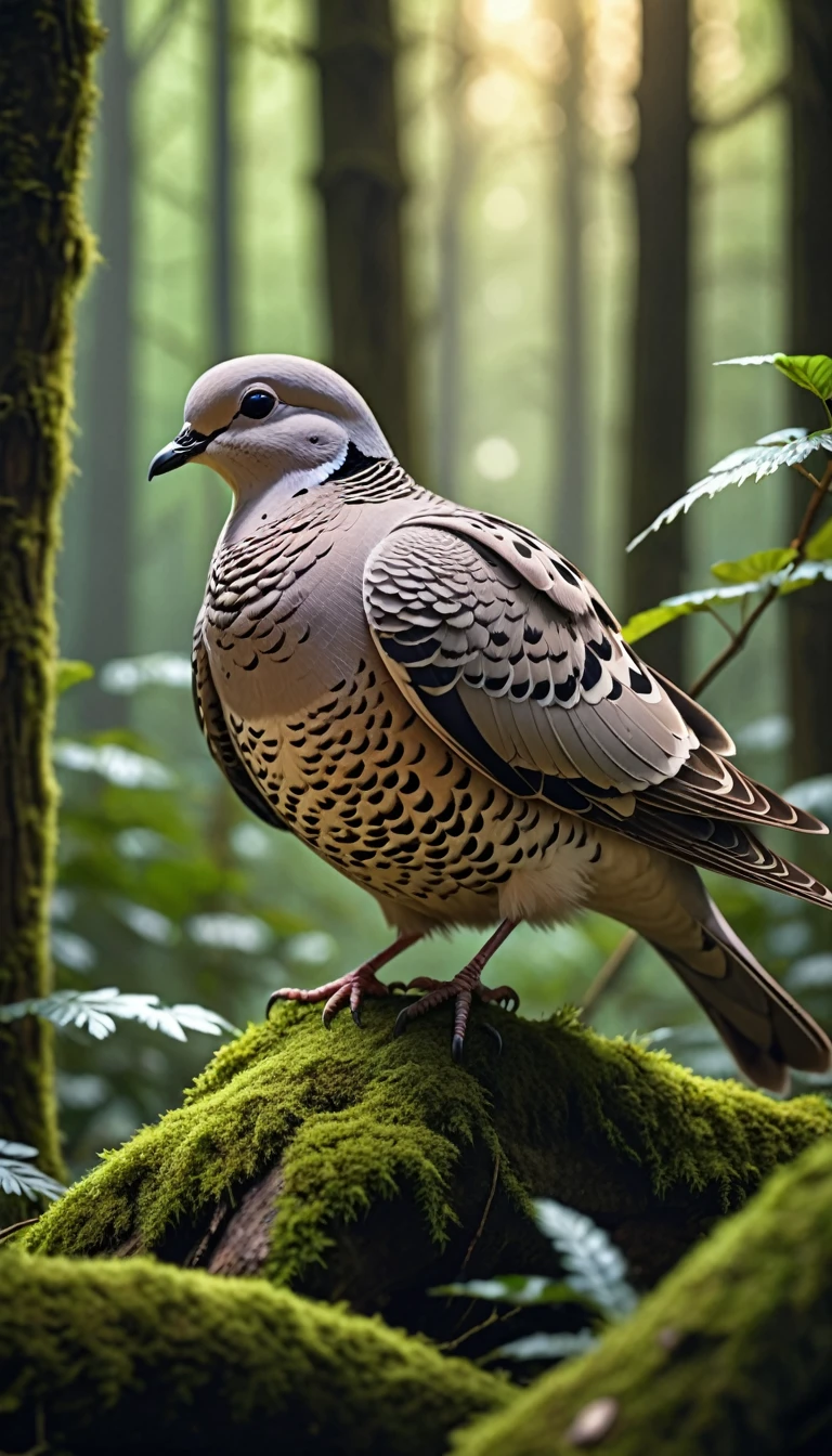 Mysterious creatures in the woods, There is a kind of bird，Looks like a turtledove(best quality, 4K, 8K, High-rise, masterpiece: 1.2), Ultrafine, (Practical, photo Practical, photo Practical: 1.37), Detailed Animals, complex pattern, Dramatic Lighting, Fantasy Creatures