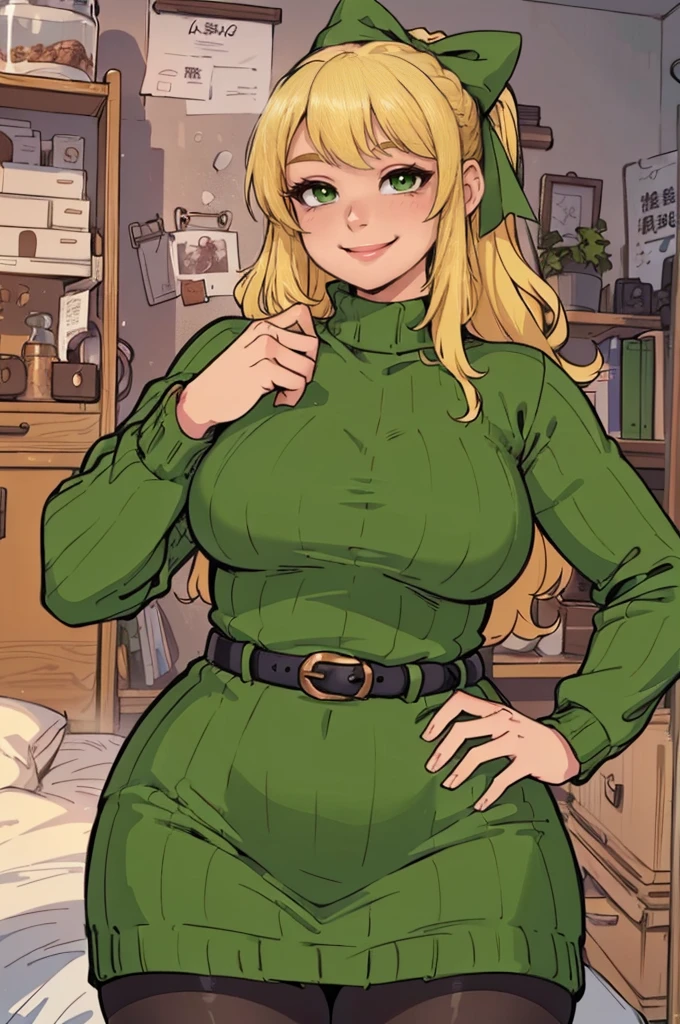 ((art by Kipteitei)), ((Masterpiece, best quality, perfect lighting, amazing shading)), (perfect anatomy, realistic proportions), field of depth, extremely beautiful, detailed face, ultra cute face, cute, long blonde hair, hair ribbons, green eyes, sweater dress, pantyhose, cute smile, (curvy), [belt], blushing, (elegant pose), bedroom background, detailed background