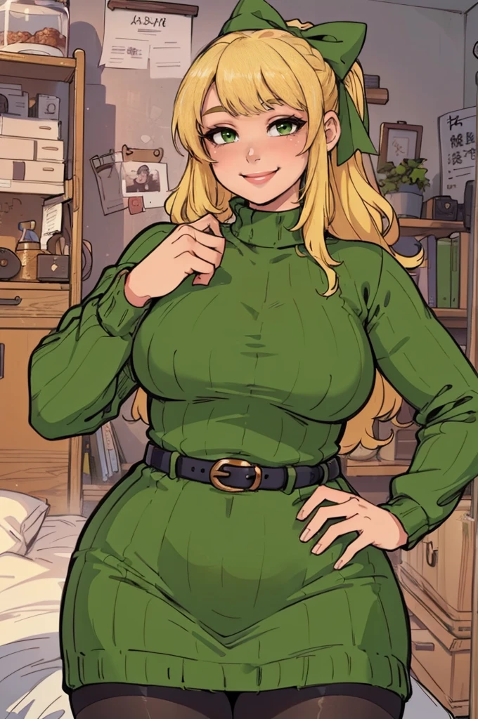 ((art by Kipteitei)), ((Masterpiece, best quality, perfect lighting, amazing shading)), (perfect anatomy, realistic proportions), field of depth, extremely beautiful, detailed face, ultra cute face, cute, long blonde hair, hair ribbons, green eyes, sweater dress, pantyhose, cute smile, (curvy), [belt], blushing, (elegant pose), bedroom background, detailed background