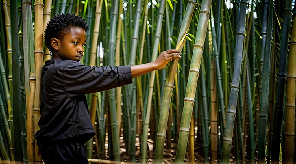 Image of a black ager, 12 yearing a dark gray long-sleeved shirt, short curly hair - long pants, straw sandals - gets up from the straw mat - bamboo leaf - wakes up scared with, looking in profile at the bamboo grove, image of the bamboo grove - Image of him getting up from the straw mat - wakes up early in the morning -