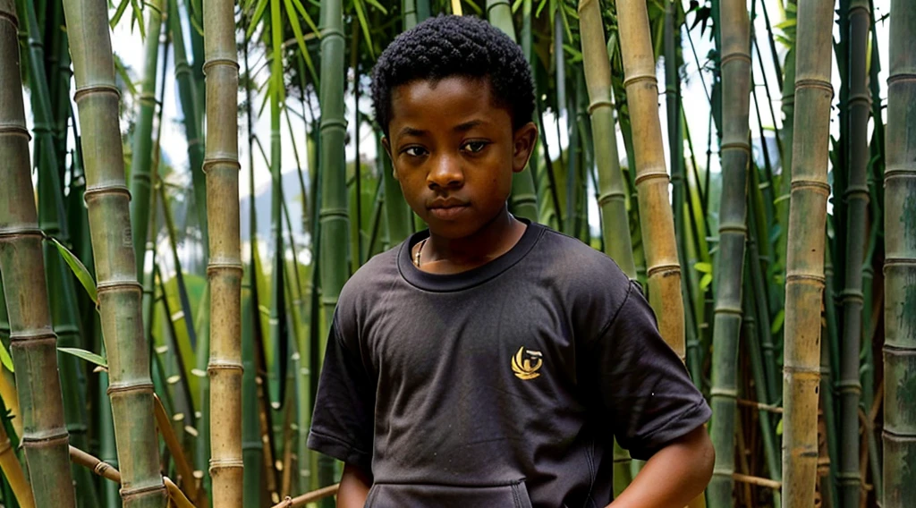 Image of a black , 12 yearsng a dark gray long-sleeved shirt, short curly hair - long pants, straw sandals - gets up from the straw mat - bamboo leaf - wakes up scared with, looking in profile at the bamboo grove, image of the bamboo grove - Image of him getting up from the straw mat - wakes up early in the morning -