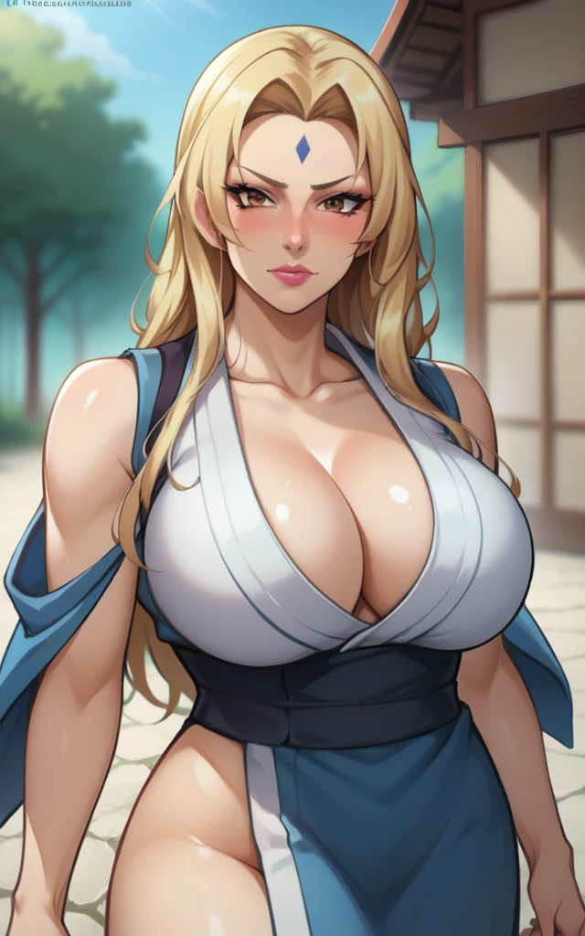 score_9, score_8_up, score_7_up, score_9, source_anime, BREAK   TsunadeSDXL, 1girl, solo, long hair, breasts, looking at viewer, blush, blonde hair, cleavage, brown eyes,  collarbone, japanese clothes,   nail polish, huge breasts, shiny hair, lips, shiny skin, sash, makeup, blurry background, watermark, facial mark, lipstick,  web address, mature female, forehead mark,  tsunade (naruto),（（（Big Breasts、）））(((Big Breasts)))，(((BIG ASS)))，(((Steam is coming out)))，(((Saggy breasts))),(((Spread your legs wide))),(((Large breasts))),(((Big Tits))),(((ahegao))),(((Completely naked))),(((Completely naked)))，(((Man with exposed penis)))，(((Put your penis on your face))))