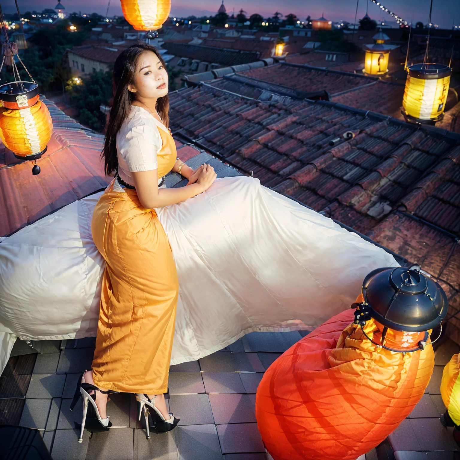 Burmese beautiful woman, 1 girl, solo, pretty lady MoonLay, innocent cute smile, red lips, (stylishly sitting on a stool and seductively gazing to the sky pose:1.5), (night:1.5), smooth face skin, traditional beauty, cinematic portrait glow lighting, traditional dress, (white shirt:1.3), (red skirt:1.3), high heel, (full body view:2), (two story building rooftop balcony with vibrant colorful hanging lanterns with small townscape background:1.5), (cinematic bokeh blur background:1.5), cinematic lighting, perfect anatomy,