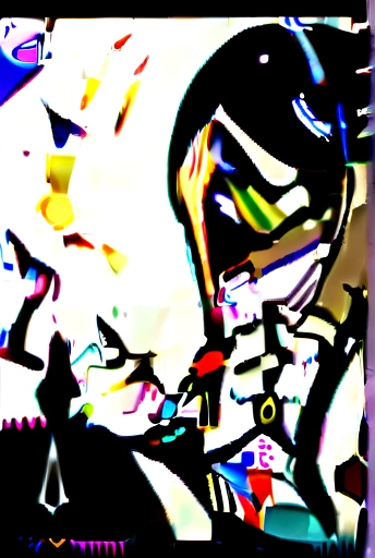 A girl with light brown hair, round glasses, eyes browns, colored pencils and brushes in hands, ink stained clothes