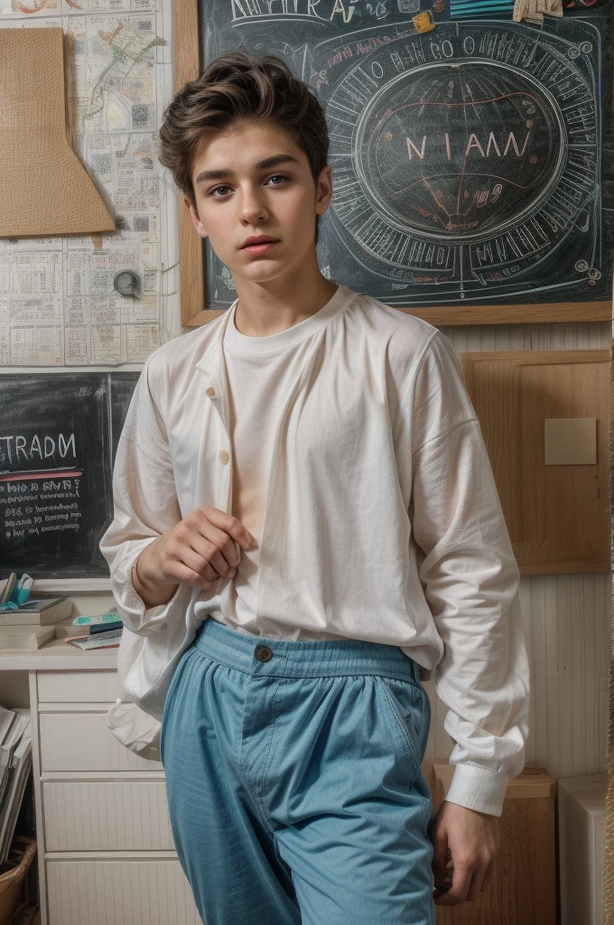 A beautiful young male twink, cute, with black hair and a face with reddish makeup, wearing a bright white long-sleeved shirt and aqua blue pants, and he is in his office, and behind him is a blackboard on which is written the shape of the brain and its anatomy, and nuclear energy comes out of it, and he has an innocent face with makeup. And red cheeks