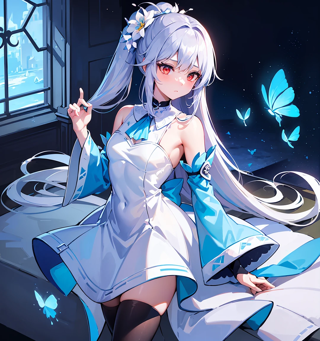(Overhead view),dynamic angle,ultra-detailed, illustration, close-up, straight on, 1girl, (fantasy:1.4), ((red eyes)),Her eyes shone like dreamy stars,(glowing eyes:1.233),(beautiful and detailed eyes:1.1),(Silver hair:1.14),(messy hair,very long hair, ponytail hair,french braid,hair between eyes,sidelocks), (+(bule hair flower:1.14)),(chiffon dress,bule flower pattern in uniform)/=(military uniform:1.24),(detached sleeves,wide sleeves),(fingerless gloves),choker,(miko thighhighs),High heeled boots,(expressionless,closed mouth),(standing), (classical Princess boudoir with dressing tableand french windowin a white ancient palaces),(white flowers,bloom),(abysmal sea),(flowing water),(a dull blue world tree:1.14),(ruins),(night:1.2),dreamy,soul,(fluorescence),(flying translucent blue butterflies:1.15), [[delicate fingers and hands:0.55]::0.85],(detail fingers),(yubao:0.5),
