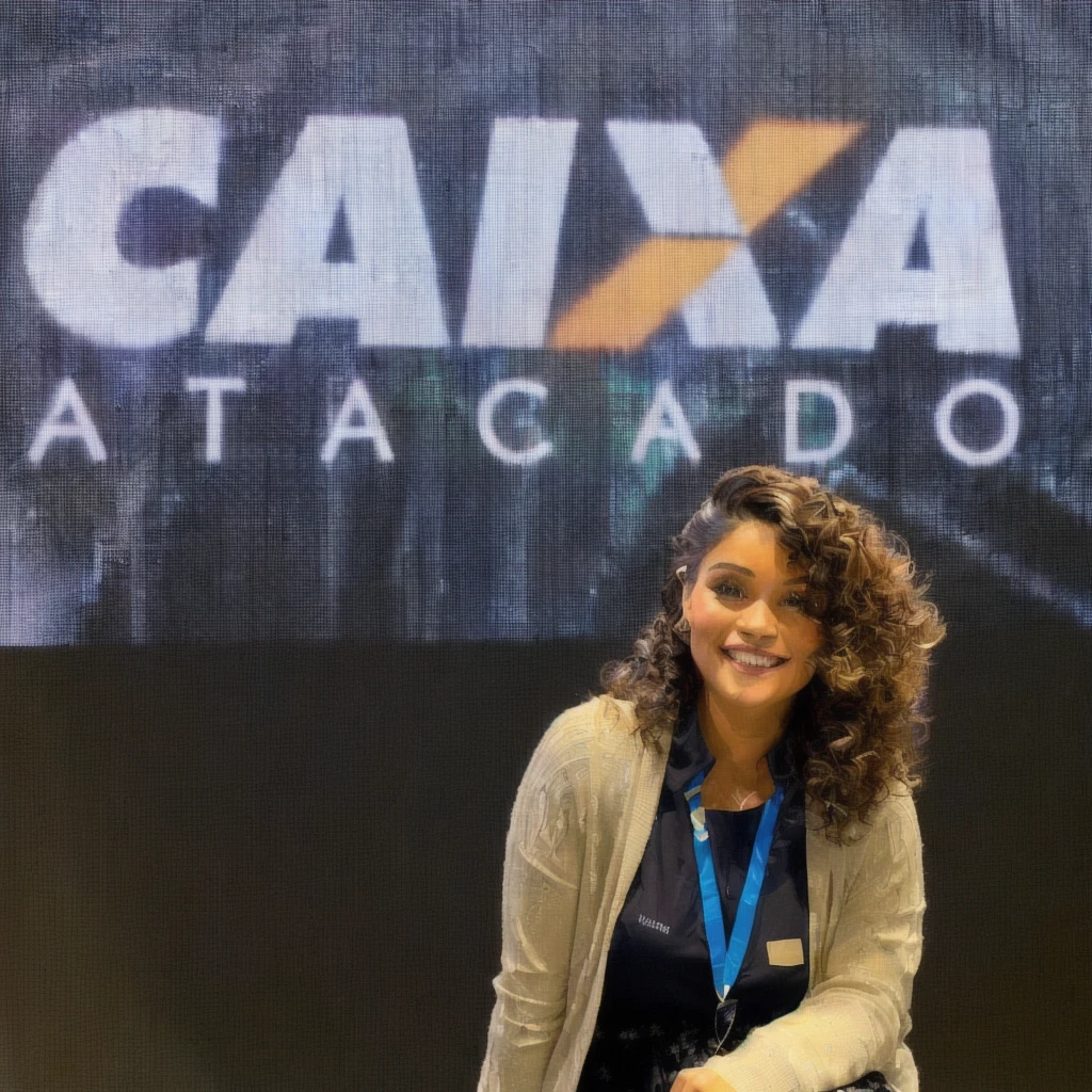 The image shows a smiling woman, posing in front of a digital billboard that displays the word "box ATACADO" in big letters. The environment appears to be that of a presentation or corporate event, possibly a stand or conference stage. She has an oval face with slightly high cheekbones., clear and even skin. Your smile is open, showing white teeth, with a friendly and happy face. Her eyes are light brown, grandes e expressivos, with remarkable eyelashes. Your eyebrows are dark brown, Well defined and arched. The nose is small and slightly upturned, and her lips are medium in size with discreet pinkish lipstick.
Her hair is light brown, voluminous and wavy, falling over the shoulders and back, with bangs thrown to the left side, creating a voluminous and natural look. She wears a black blouse with a round neckline., which has a small triangular cutout in the chest area, and a light beige cardigan made of light fabric, open at the front and with long sleeves. Her skirt is black with a discreet white pattern., possibly floral or geometric. She wears a blue badge around her neck with the word "box", attached to a blue ribbon with the same logo. No jewelry visible, maintaining a simple and professional look.
She is squatting or semi-sitting, slightly leaning forward, with hands resting on legs. The background of the image is made up of a digital panel with the word "box ATACADO" in large, visible letters, in addition to a technological graphic design with dark tones and bright lines, suggesting a professional and technological environment.
The cartoon version must capture the essence of a Pixar character, with slightly exaggerated and cartoonish features for a playful and charming effect. Your eyes should be large and expressive, typical of the Pixar style. Hair should be voluminous and detailed, with well-defined ripples. The smile must be striking and friendly, conveying friendliness and approachability