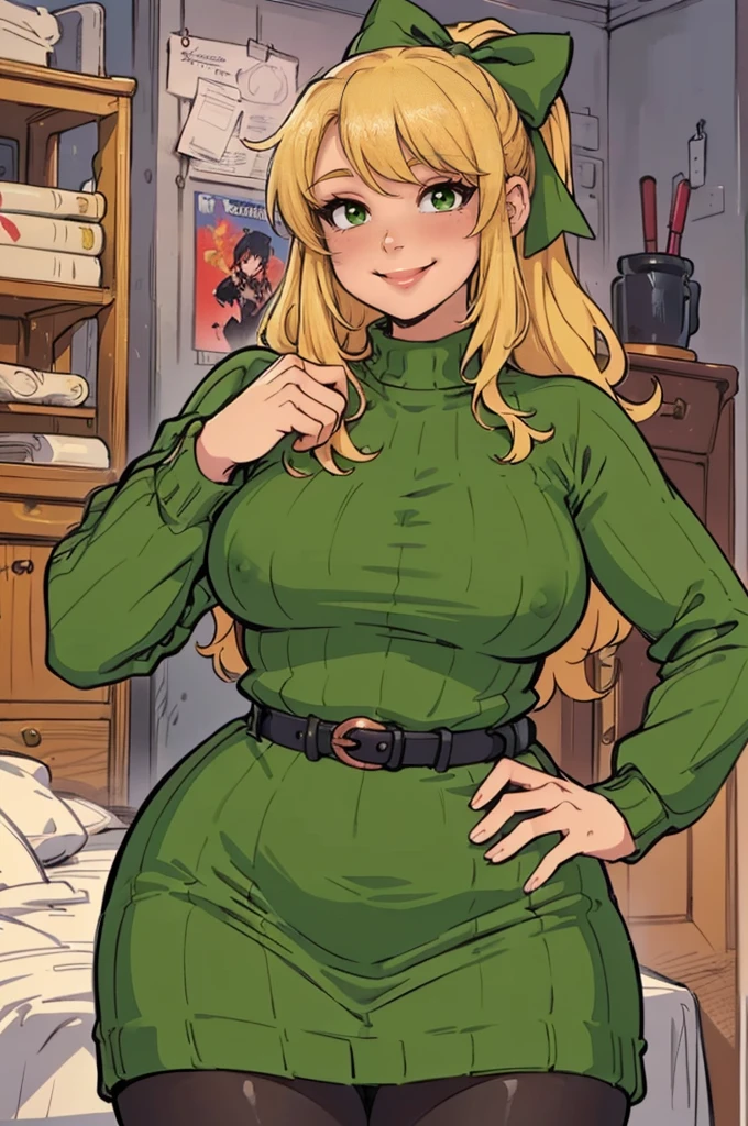 ((art by Kipteitei)), ((Masterpiece, best quality, perfect lighting, amazing shading)), (perfect anatomy, realistic proportions), field of depth, extremely beautiful, detailed face, ultra cute face, cute, long blonde hair, hair ribbons, green eyes, sweater dress, pantyhose, cute smile, (curvy), [belt], blushing, (elegant pose), bedroom background, detailed background