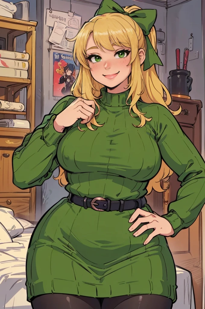 ((art by Kipteitei)), ((Masterpiece, best quality, perfect lighting, amazing shading)), (perfect anatomy, realistic proportions), field of depth, extremely beautiful, detailed face, ultra cute face, cute, long blonde hair, hair ribbons, green eyes, sweater dress, pantyhose, cute smile, (curvy), [belt], blushing, (elegant pose), bedroom background, detailed background