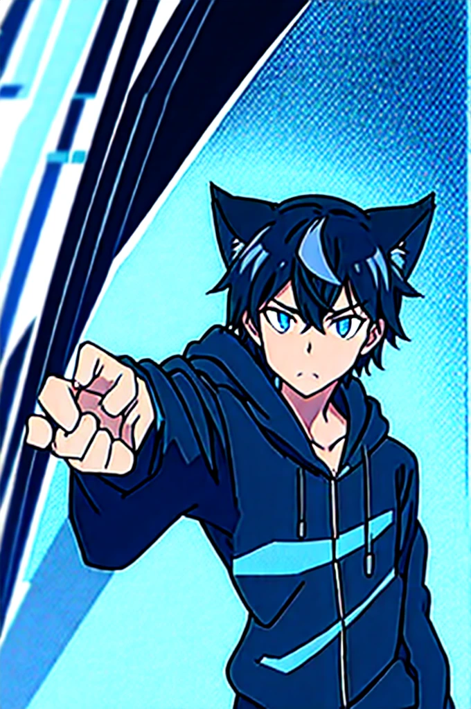 black haired anime black boy with cat ears,black hoodie ,blue colored eyes