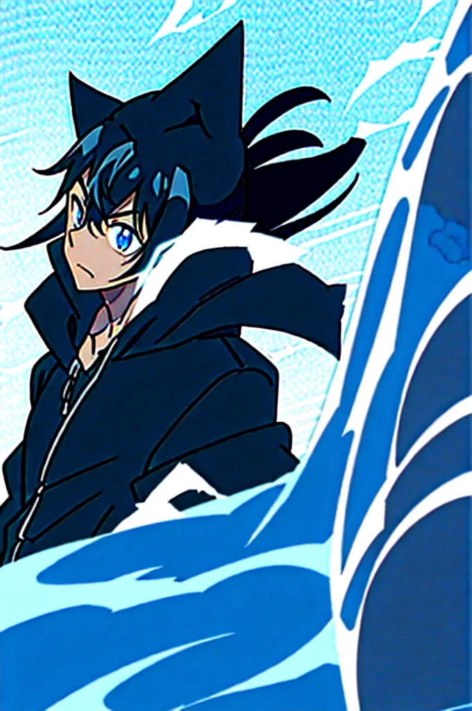 black haired anime black boy with cat ears,black hoodie ,blue colored eyes