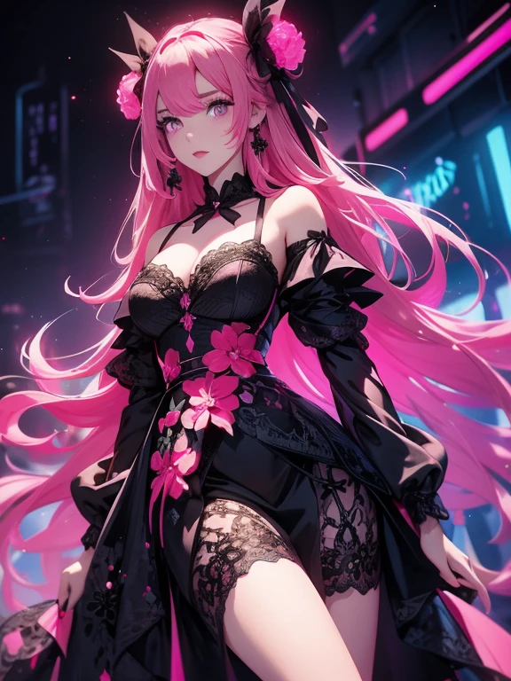 A young woman with long, vibrant pink hair wearing a black lace dress against a colorful, neon-lit background
