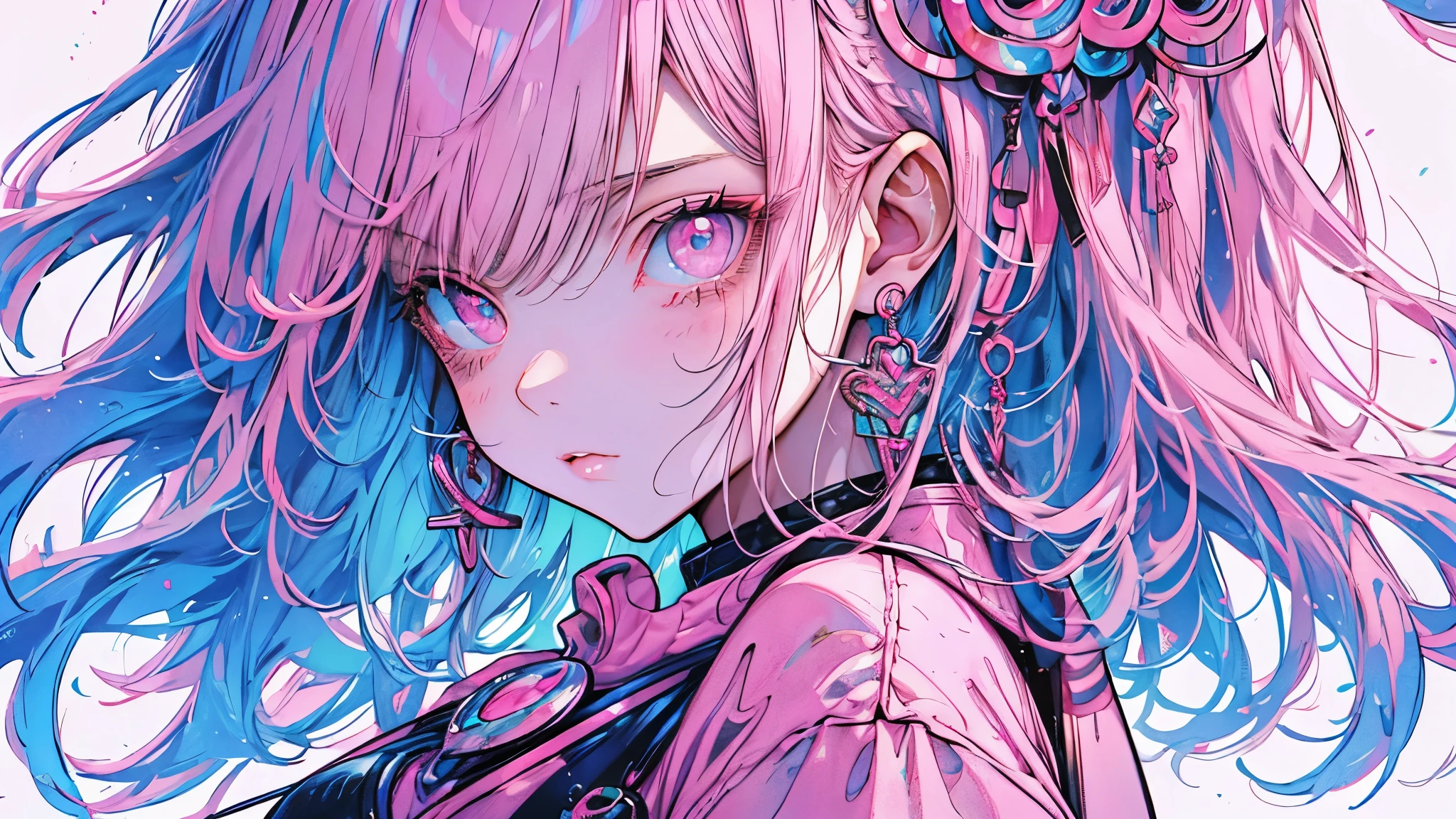 Hongliu, 1 girl, alone, long hair, looking at the viewer, blue eyes background, white background, jewelry, closed mouth, Jacket, Upper body, pink hair, earrings, pink eyes, necklace, From the side, sweater, lips, eyelash, compensate, wavy hair, earrings, cross, lipstick, ear earrings, eye shadow, hoop earrings, pink lips, multicolored eyes, pink theme, , pink eye shadow,