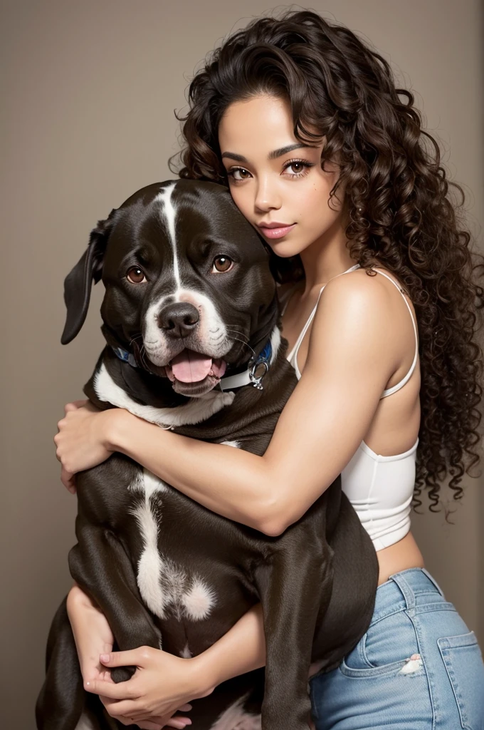 mulatto, brunette with curly hair hugging a Pit Bull dog