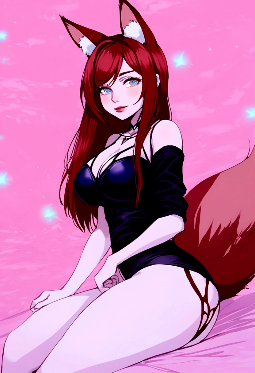 a redhead woman, very long hair falling to butt height. She is wearing a purple blouse that highlights her large breasts.. She has red fox ears, with the inside of the ears in light pink, and a red fox tail with a light pink tip. Only his left arm is completely tattooed. She has fair white skin and a slim body with blue eyes.