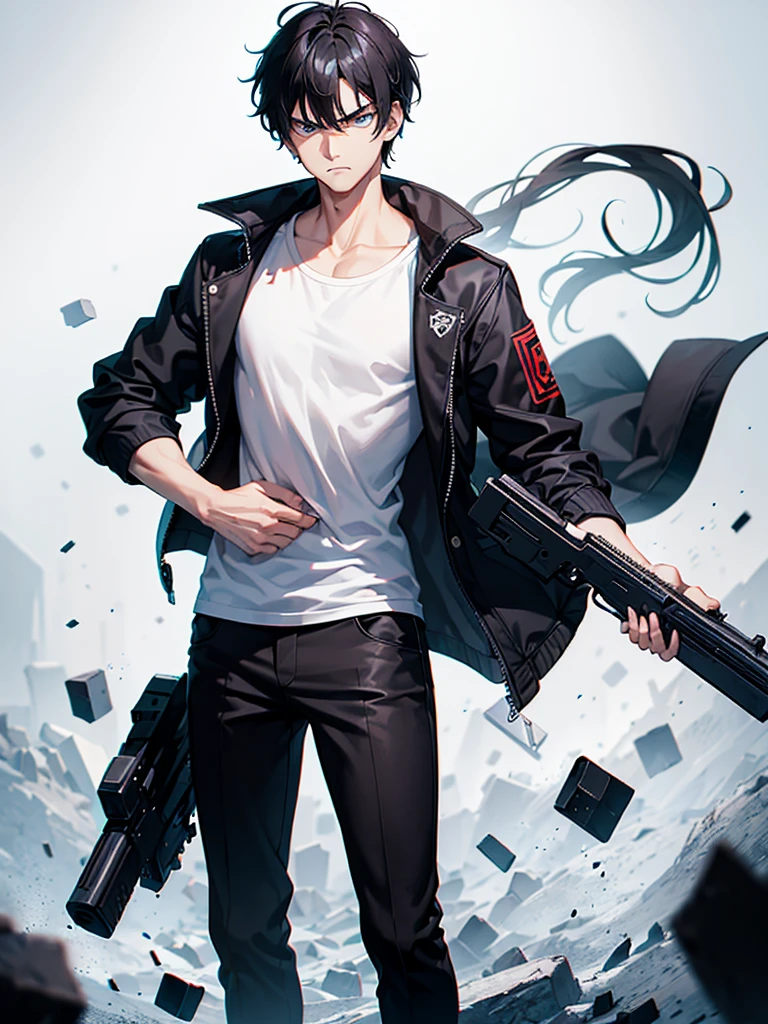 Boy, Black hair, serious face, angry, student clothes, psycho power, messy white hair, holding a gun, blue eyes, black pants, black shoe, short hair, aiming gun, 