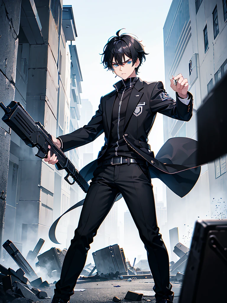 Boy, Black hair, serious face, angry, student clothes, psycho power, messy white hair, holding a gun, blue eyes, black pants, black shoe, short hair, aiming gun,