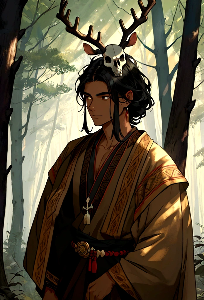 a black haired tribal man with a deer skull over his head