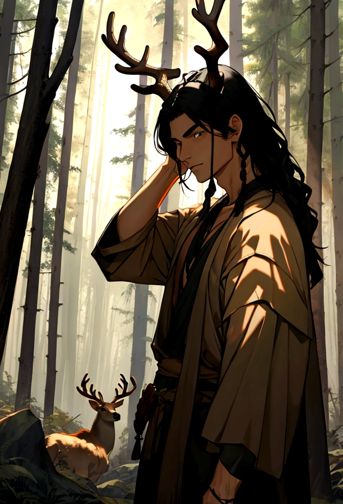 a black haired tribal man with a deer skull over his head in the woods