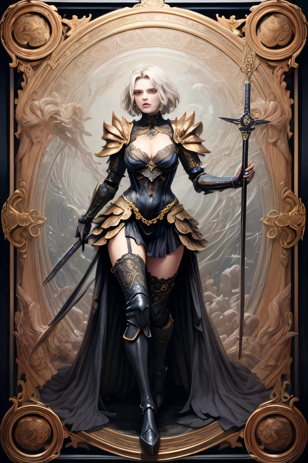 ((Finest quality)),(超A high resolution),(ultra-detailliert),(Meticulous portrayal),((Best Anime)),(Finest works of art),(Ultra-Precision Art),(The art of astounding depiction,Overwhelming depiction:1.5),(intricate and detailed art:1.6), (adult woman:1.5),(Hanging:1.6),Staring at this:1.4,sneering:1.5,(Armor shaped like a skeleton:1.3), (Black Flame:1.5), terrifying, nightmarish, cosmic horror, body horror, a heavenly female knight, imposing, biblical, very skinny, detailed, best quality, prominent collarbones, skinny arms, flat stomach, visible hip bones, full body, red and white clothing, occult aesthetic, occult, detailed and intricate steampunk and detailed gothic, Fluttering lace flared long knee length dress with frilly petticoats, knee length dress, pleated petticoats, petticoats gothic, complex lace boots, gothic aesthetic, wielding a mighty sword with mechanical components, mandalas, full body, whole body, body, chains,