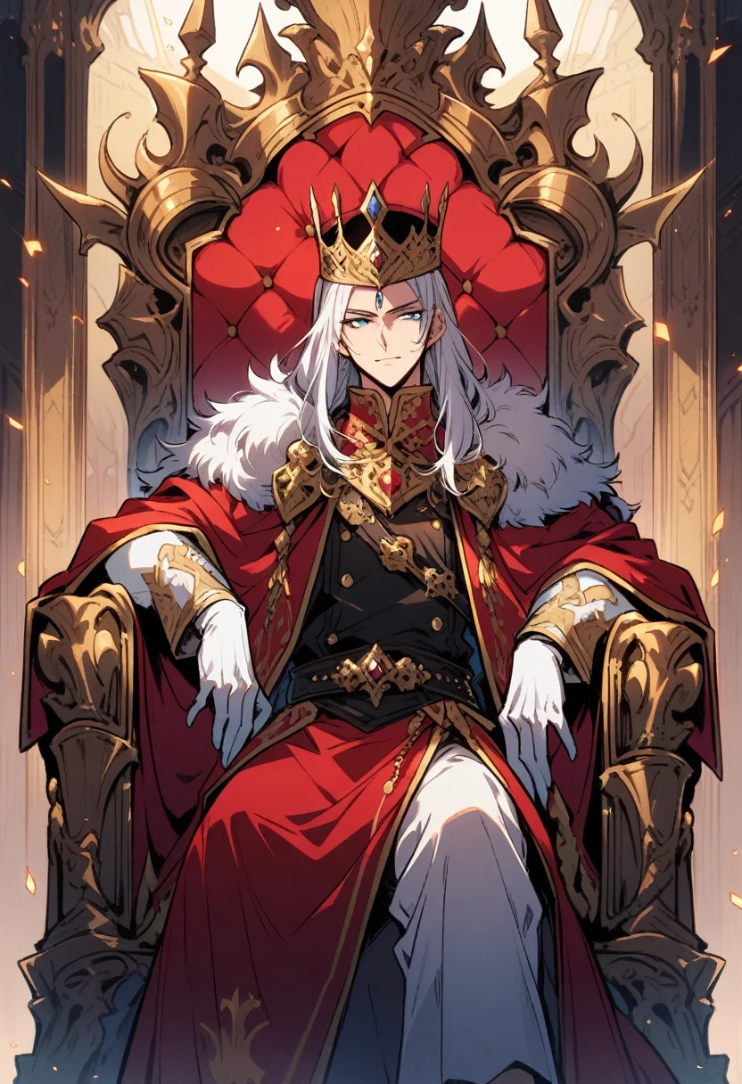 A magnificent king sitting on the throne, European,detailed face,25years old