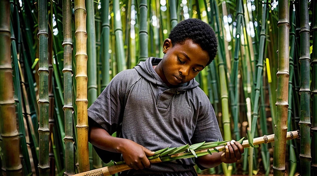 Image of a black teenager, 12 years old - wearing a dark gray long-sleeved shirt, short curly hair - long pants, straw sandals - gets up from the mat made of bamboo leaves - wakes up scared with, looking in profile at the bamboo grove, image of the bamboo grove - Image of him getting up from the straw mat - wakes up early in the morning -