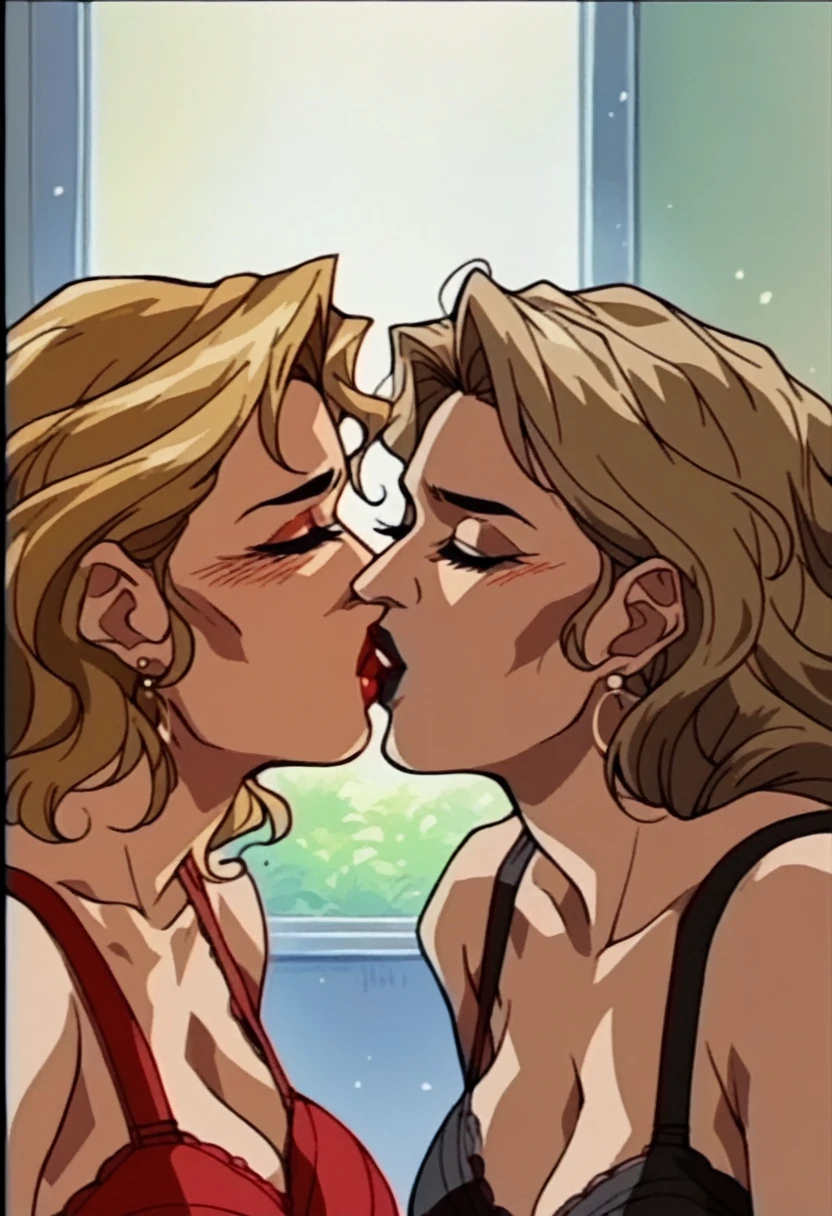 rating_explicit, 2 woman, 1 beautyful mature woman, blonde wavy hair, encorped body, red lipstick, whole body red bra, milf, large breasts, kissing with 1 beautyful woman, black messy hair, black bra, black lipstick