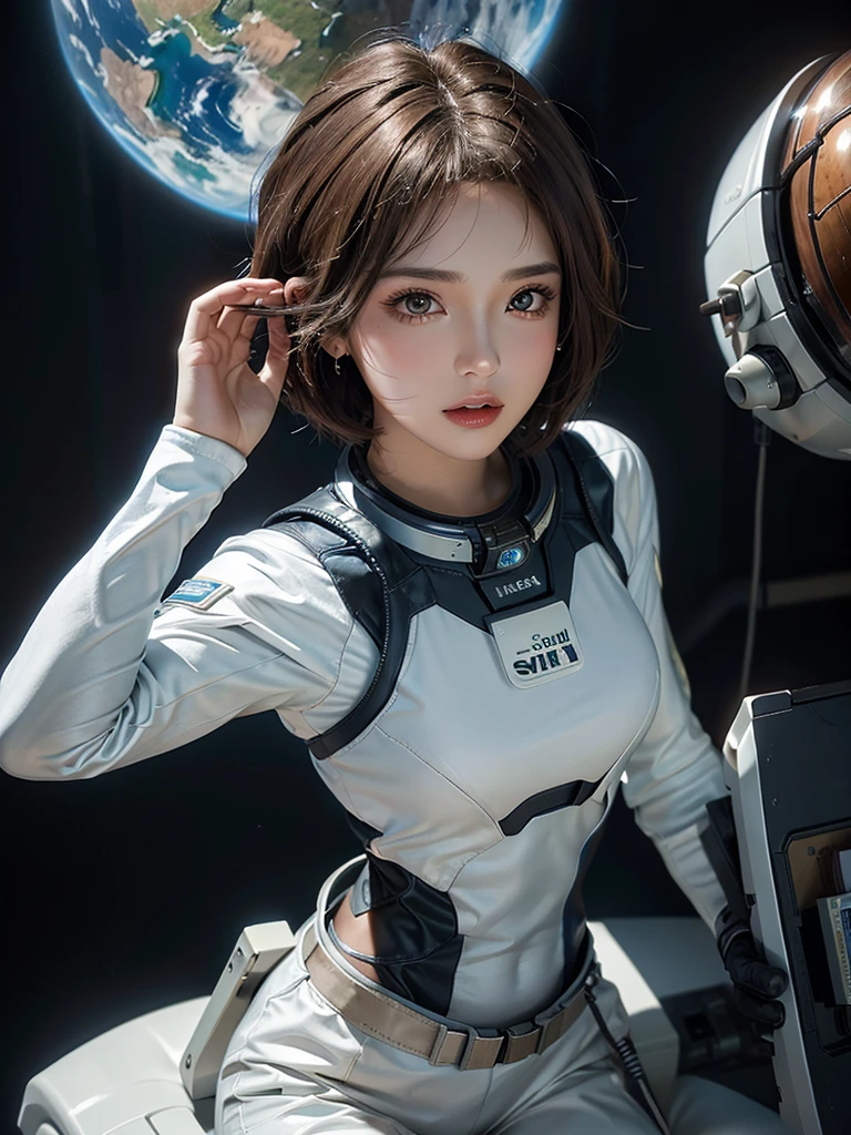 best quality、masterpiece、Ultra-high resolution、(real:1.4)、Beautiful woman１、Beautiful details of the eyes and skin、Light brown short hair、Perfect spacesuit、spaceship、