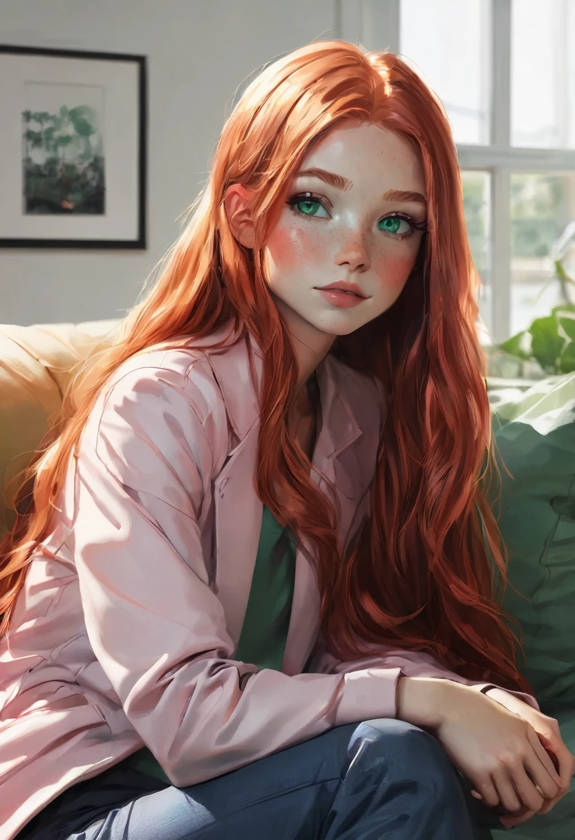 1 girl, long red hair, bright green eyes, clear skin, pink cheeks, small lips, Human, small. HOUSE FUND, sitting on the sofa, looking at the viewer