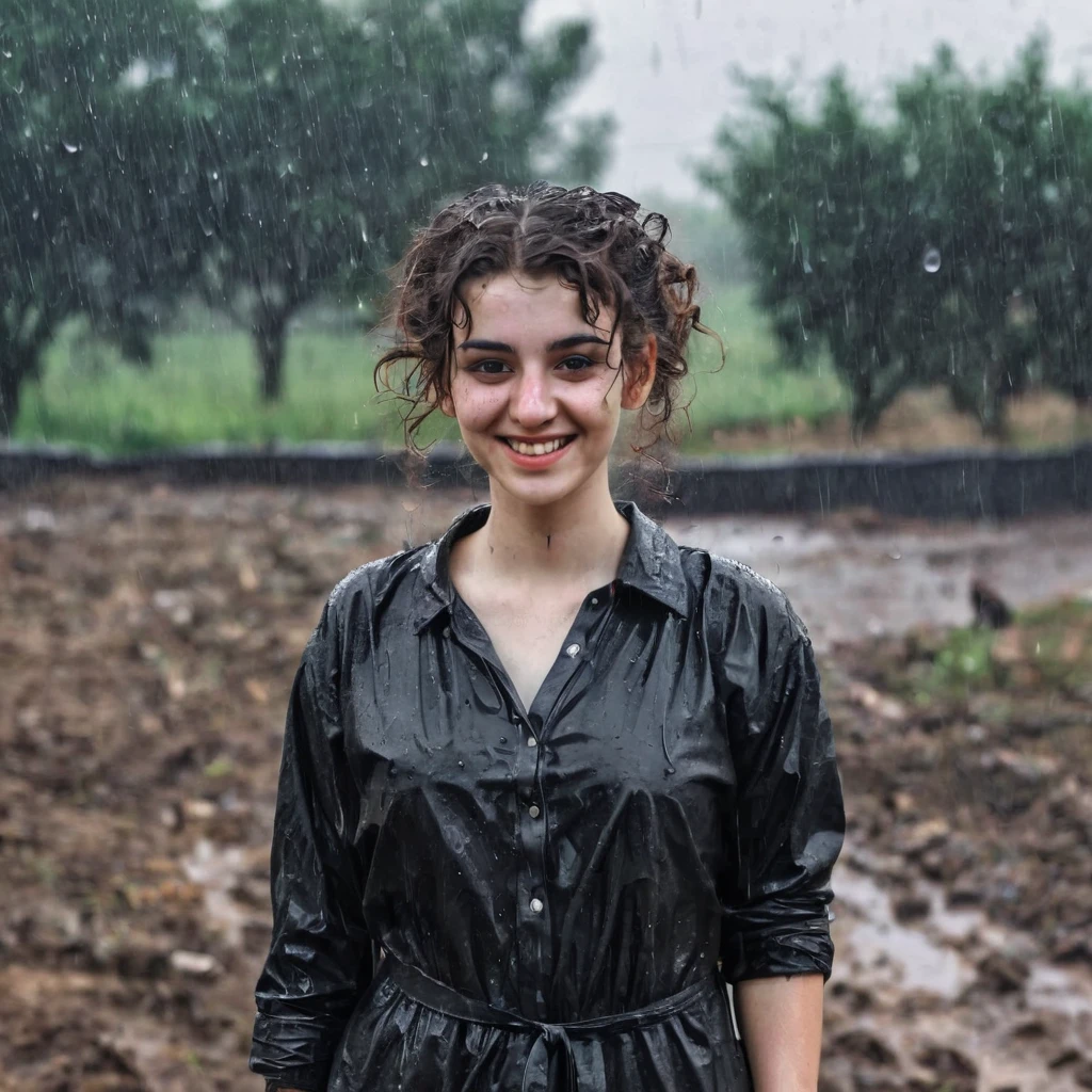 Black Curly bun hair pale skin kurdish girl standing in country raining dirty smiling naughty