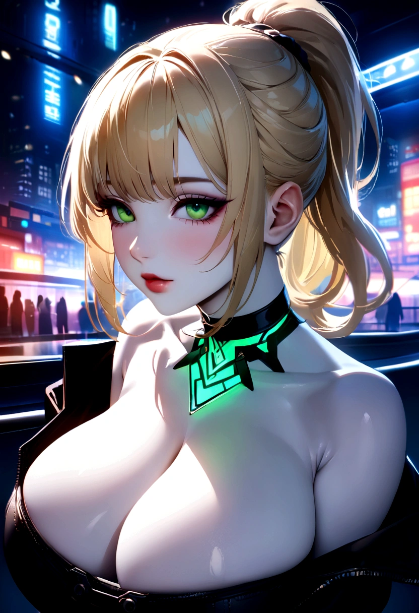 (Masterpiece, Best Quality, 8k, sharp focus, depth of field, best shadows, Perfect lights, HDR, realistic skin texture, ultra-detailed background, detailed), animated style, 1 woman and 1 man kissing (one of them has green eyes, White skin, Black hair with ponytail, choker, huge breasts, slim, make up, eyeliner, Brilliantine), (the man has blonde hair), in a night club, Cyberpunk theme, cyberpunk city.
