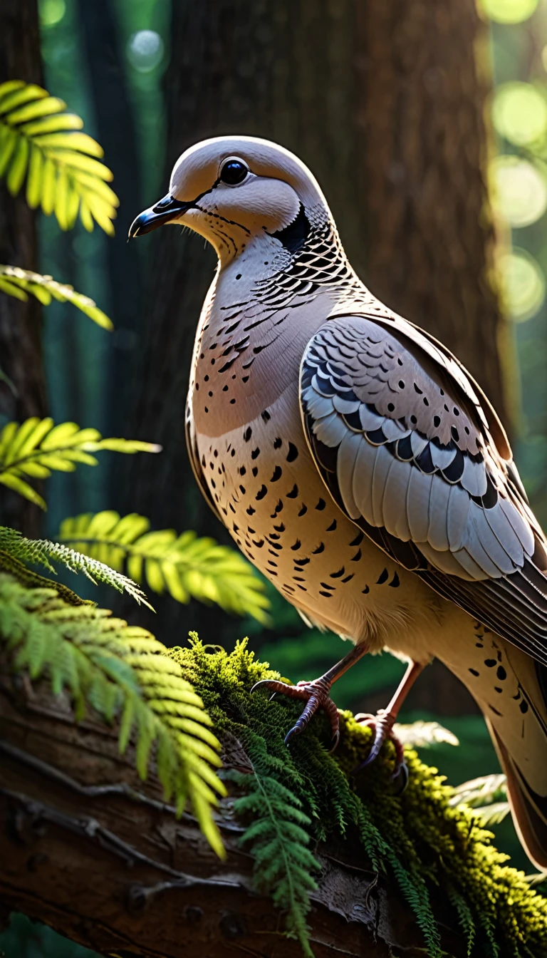 Mysterious creatures in the woods, There is a kind of bird，Looks like a turtledove(best quality, 4K, 8K, High-rise, masterpiece: 1.2), Ultrafine, (Practical, photo Practical, photo Practical: 1.37), Detailed Animals, complex pattern,Real light and shadow, Fantasy Creatures