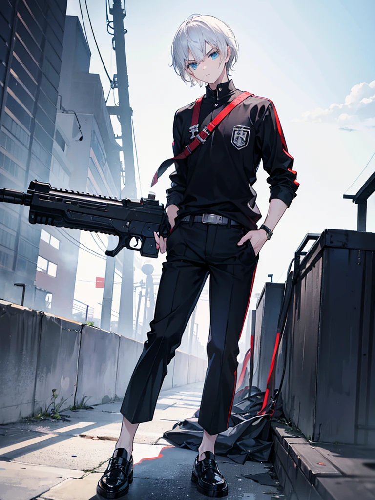 Boy, Black hair, serious face, student clothes, psycho power, messy white hair, holding a gun, blue eyes, black pants, black shoe, short hair, aiming gun,
