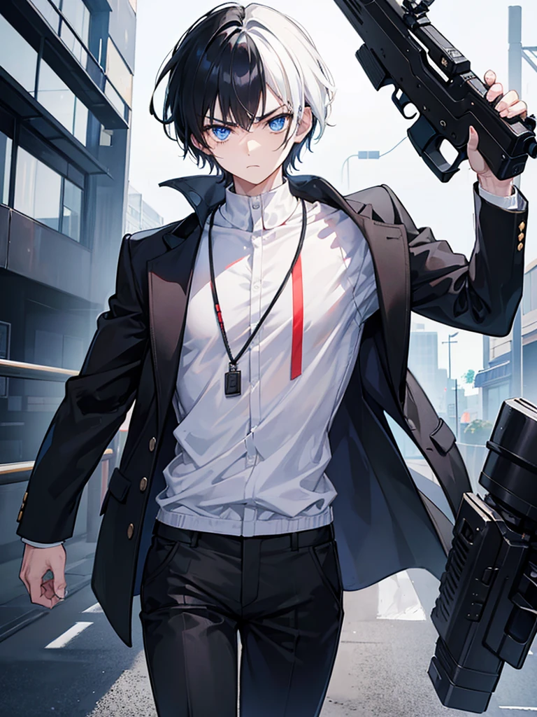 Boy, Black hair, serious face, student clothes, psycho power, messy white hair, holding a gun, blue eyes, black pants, black shoe, short hair, aiming gun, 