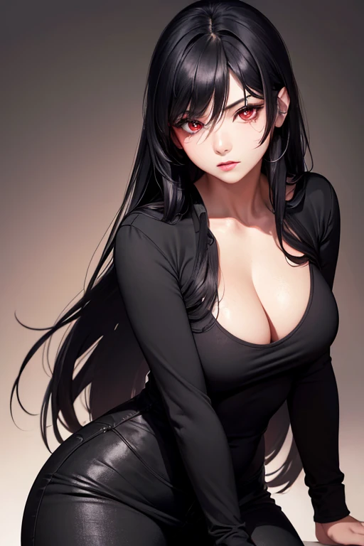 (best quality,ultra-detailed,realistic:1.37),long black hair,red eyes,intense expression,curvy figure,casual black clothes,vivid colors,portrait