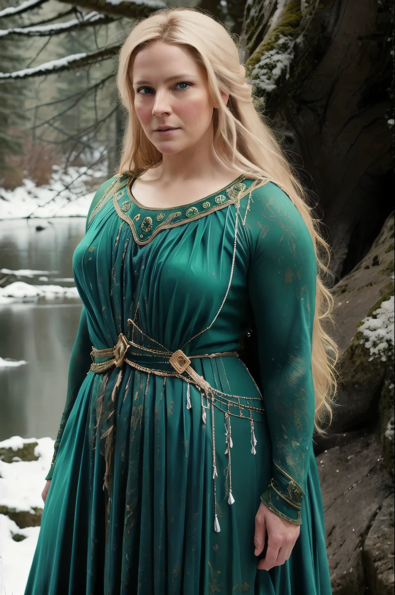 portrait painting of 1girl, 45 years old Woman, thick figure, heavy physique, Full figured woman, galadriel, elf, blonde hair, blue eyes, green dress,detailed skin, fantasy, snowy nordic forest, modelshoot style, (extremely detailed CG), photo of beautiful artwork, (Antonio Moro), (Jeremy Mann), High Detail, Sharp focus, dramatic, oil painting, realistic  